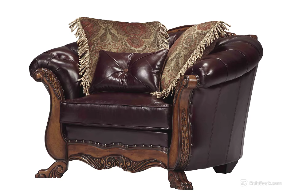 Vintage Single Leather Armchair With Ornate Fringed Cushions And Carved Wooden Legs 3d model 