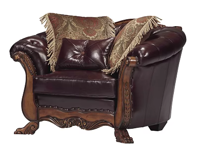 Vintage Single Leather Armchair With Ornate Fringed Cushions And Carved Wooden Legs 3d model