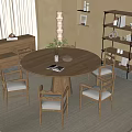 Nordic Log Style Dining Table and Chair Combination Round Dining Table Six-person Storage Rack Sideboard Vase Ornaments Floor Lamp 3d model
