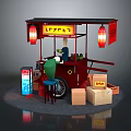 Red Food Cart Setup With Hanging Lanterns Signboard Green Drink Machine And Cardboard Boxes