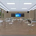 Modern Classroom Interior With Tables Chairs Large Screen Blackboard And Wooden Floor