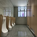 Modern Public Restroom Interior Featuring Grey Tile Walls Large Mirror Double Sink And Wooden Cabinets