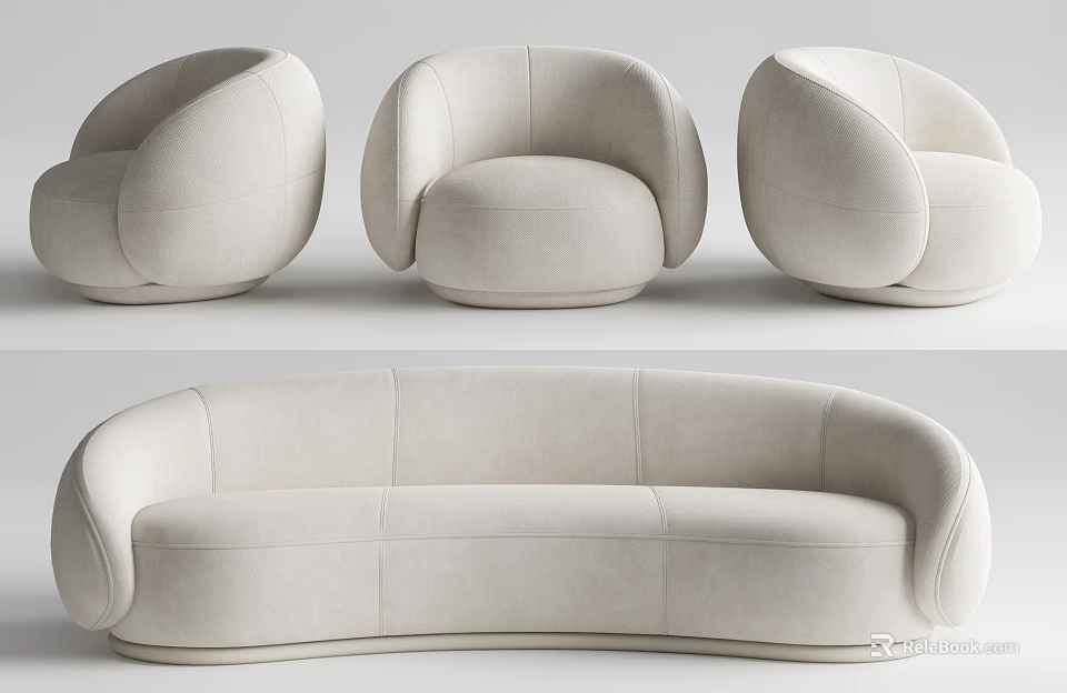 Modern Beige Curved Upholstered Sofa Set With Single And Three Seater Pieces 3d model 