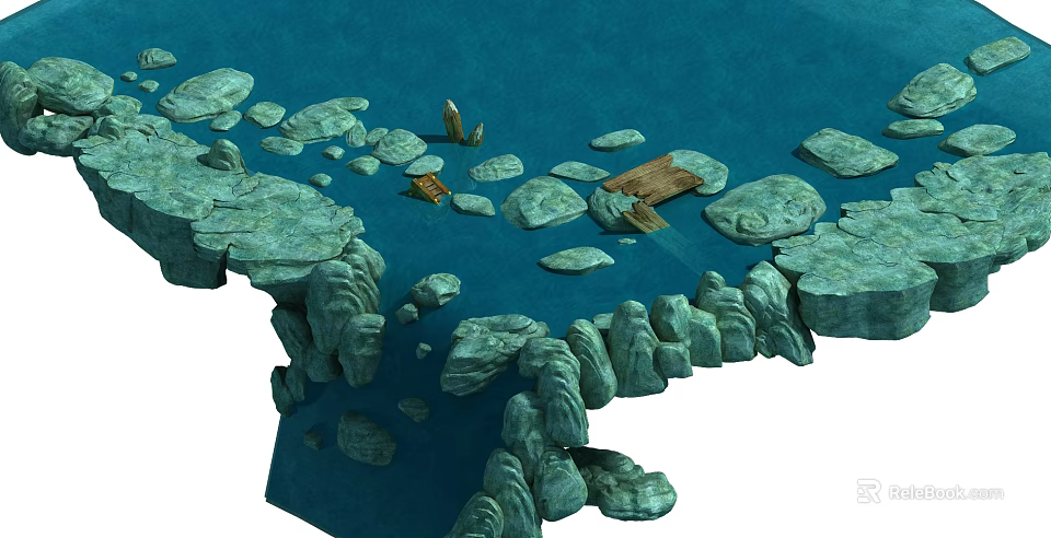 Cartoon Scenery With Rocky Islands Blue Water And Small Wooden Raft 3d model 