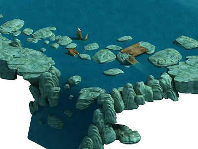 Cartoon Scenery With Rocky Islands Blue Water And Small Wooden Raft 3d model