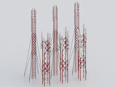 Multiple Red And White Telecommunication Towers With Antennas And Structural Frames Industrial Communication Equipment 3d model