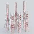 Multiple Red And White Telecommunication Towers With Antennas And Structural Frames Industrial Communication Equipment