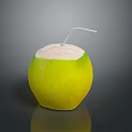 Fresh Green Coconut With Refreshing Natural Juice And White Straw