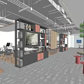 Modern Public Office Space With Desks Chairs Bookshelves And Green Plants