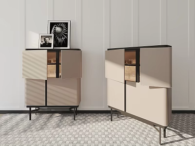Modern Beige Sideboard With Glass Door And Metal Legs On Hexagonal Tile Floor 3d model