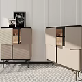 Modern Beige Sideboard With Glass Door And Metal Legs On Hexagonal Tile Floor