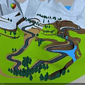 Mountainous Terrain Featuring Snowy Peaks Winding River Green Meadows Trees And Hot Air Balloon