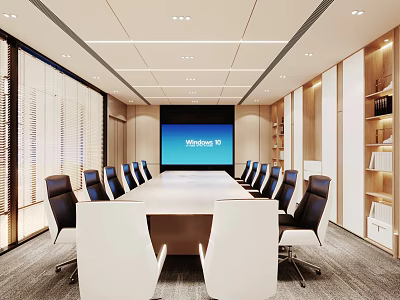 Modern Conference Room Interior With Long Meeting Table Black Chairs Projection Screen And Wooden Shelves 3d model