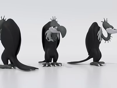 Cartoon Black Vultures 3D Models in Various Poses on White Background 3d model