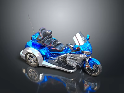 Modern Blue Motorcycle With Sidecar Chrome Parts And Leather Seats On Reflective Surface 3d model