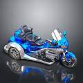Modern Blue Motorcycle With Sidecar Chrome Parts And Leather Seats On Reflective Surface