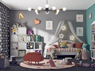 Playroom Interior With Canopy Bed Star Lights Stuffed Toys Red Rocking Horse And Storage Cabinets 3d model