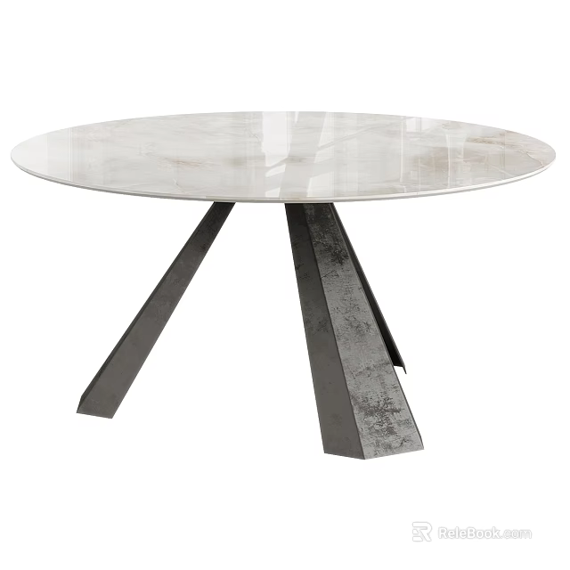 Modern Round Dining Table With White Marble Glossy Tabletop And Black Metal Triangular Legs Design 3d model