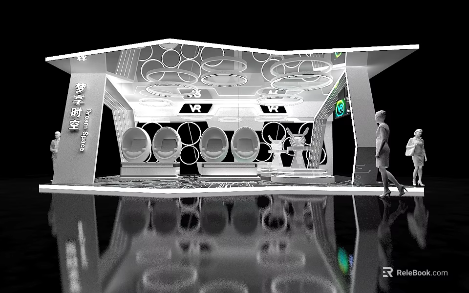 Modern VR Experience Center With Circular Pods And Visitor Interaction 3d model