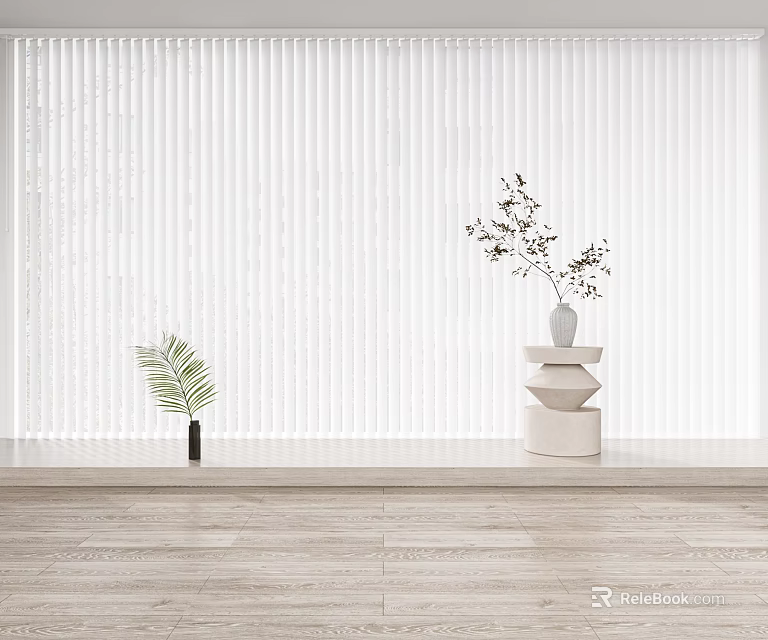 White Vertical Blinds in Modern Interior with Green Plant Vase and Decorative Stand 3d model 