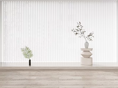 White Vertical Blinds in Modern Interior with Green Plant Vase and Decorative Stand 3d model