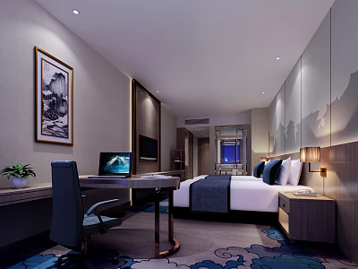 Modern Hotel Guest Room Featuring Cozy Bed Nightstand Table Lamp Computer And Wall Art 3d model