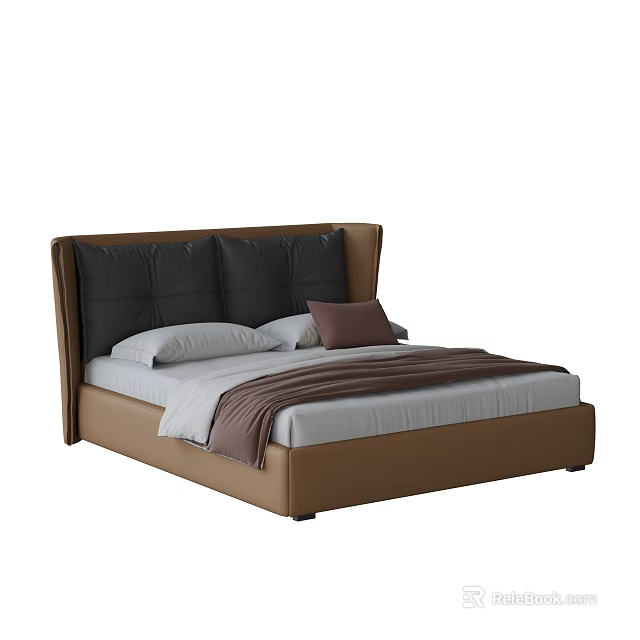 Double Bed With Brown Headboard Dark Cushions White Sheets And Blanket 3d model