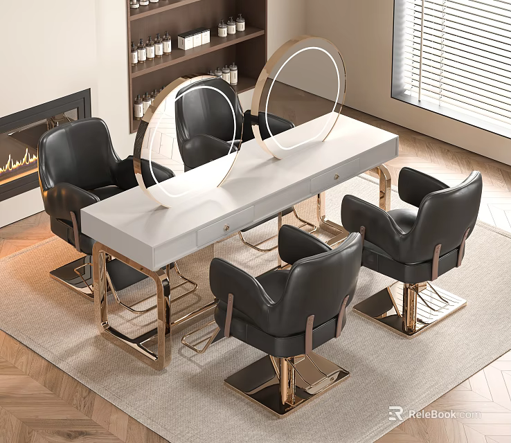Modern Commercial Salon Equipment Vanity Table With Black Leather Chairs Round Mirrors And Metal Frame 3d model 