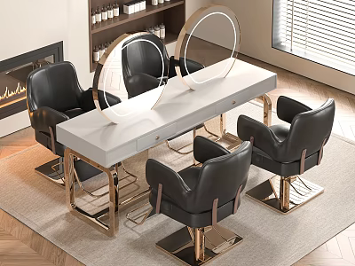 Modern Commercial Salon Equipment Vanity Table With Black Leather Chairs Round Mirrors And Metal Frame 3d model