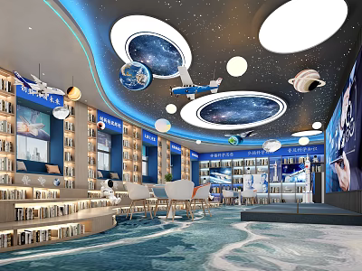 Starry Sky Themed Indoor Space With Bookshelves Earth Models And Airplane Decor 3d model