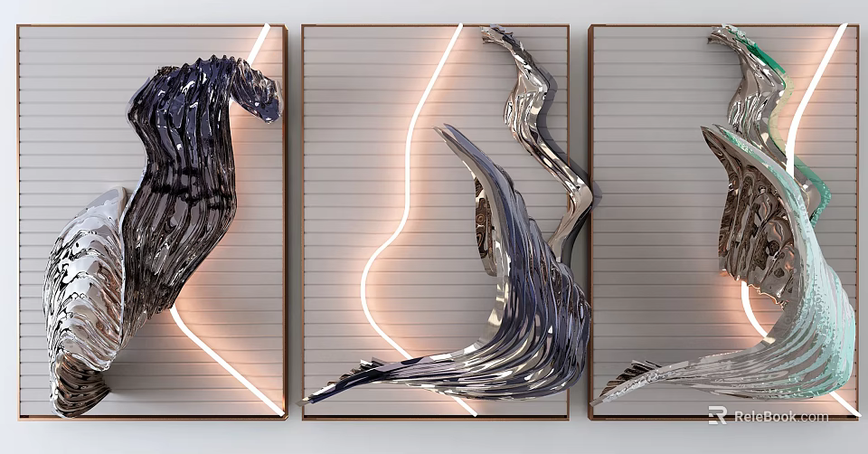 Modern Metallic Wall Decor Triptych With Streamlined Design And LED Lighting 3d model 