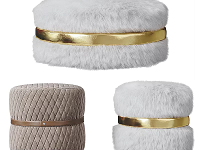 Fluffy White and Quilted Brown Ottoman Collection with Golden Decorative Bands 3d model