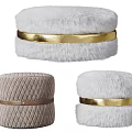 Fluffy White and Quilted Brown Ottoman Collection with Golden Decorative Bands
