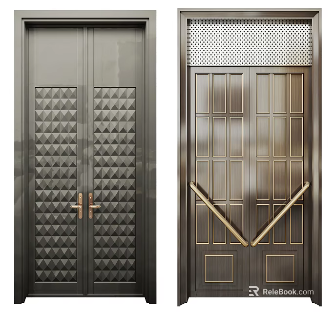 Metal Double Doors In Dark Gray And Golden Tone With Geometric Patterns Gold Handles 3d model 