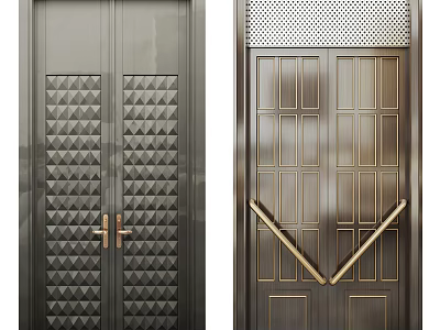 Metal Double Doors In Dark Gray And Golden Tone With Geometric Patterns Gold Handles 3d model
