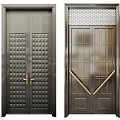 Metal Double Doors In Dark Gray And Golden Tone With Geometric Patterns Gold Handles