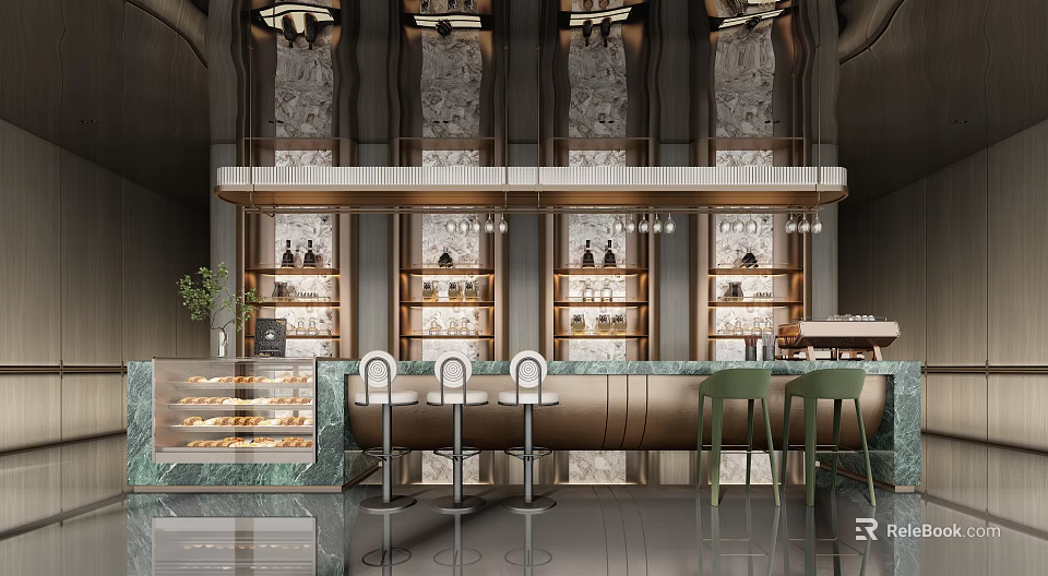 Elegant Modern Bar Interior With Marble Counter Bar Stools And Glass Shelves 3d model 