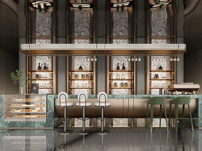 Elegant Modern Bar Interior With Marble Counter Bar Stools And Glass Shelves 3d model