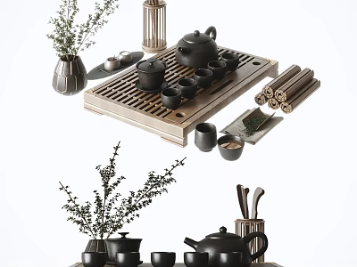 Traditional Tea Set With Teapot Teacups Wooden Tray Bamboo Tubes And Decorative Plant 3d model
