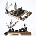 Traditional Tea Set With Teapot Teacups Wooden Tray Bamboo Tubes And Decorative Plant