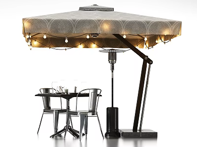 Stylish Outdoor Patio Umbrella With Patterned Fabric And String Lights Over Dining Table 3d model