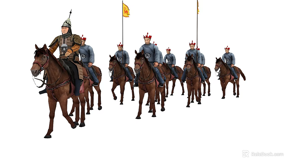 Game Movie Characters Medieval Soldiers Riding Horses Wearing Armor And Helmets With Flags 3d model 