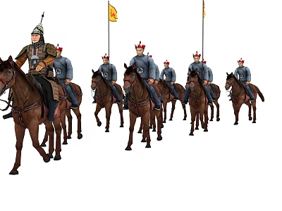 Game Movie Characters Medieval Soldiers Riding Horses Wearing Armor And Helmets With Flags 3d model