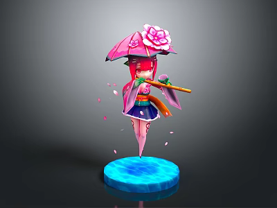 Game and Movie Character with Pink Umbrella Pink Hair Kimono Outfit Staff and Falling Petals 3d model