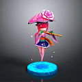 Game and Movie Character with Pink Umbrella Pink Hair Kimono Outfit Staff and Falling Petals