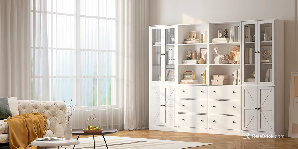 White Storage Cabinet In Bright Living Room With Glass Door Drawers Books And Decor Boxes 3d model 