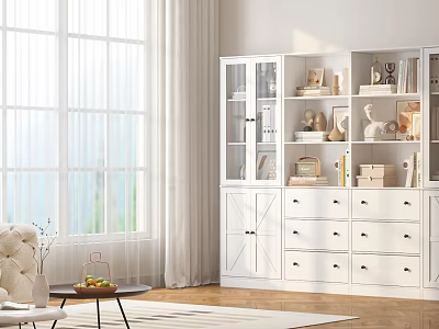 White Storage Cabinet In Bright Living Room With Glass Door Drawers Books And Decor Boxes 3d model