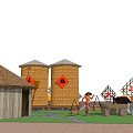 Traditional Farm Experience With Thatched Huts Scarecrows Grain Towers Stone Mill And People Working