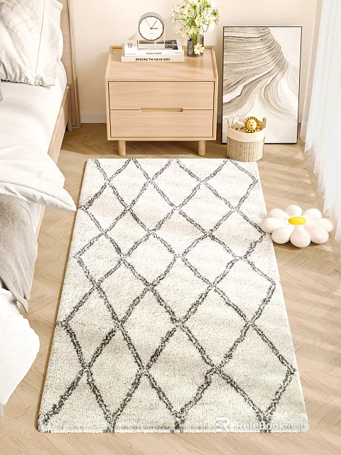 Cozy Bedroom With Diamond Pattern Rug Wooden Nightstand Flower Decoration And Wooden Floor 3d model 