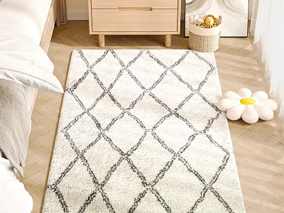 Cozy Bedroom With Diamond Pattern Rug Wooden Nightstand Flower Decoration And Wooden Floor 3d model